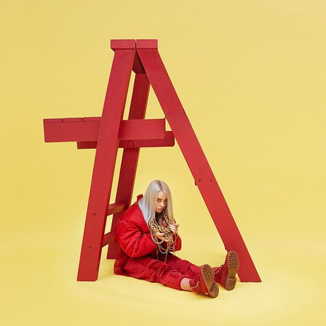 Person in red outfit sitting on a red ladder against a yellow background