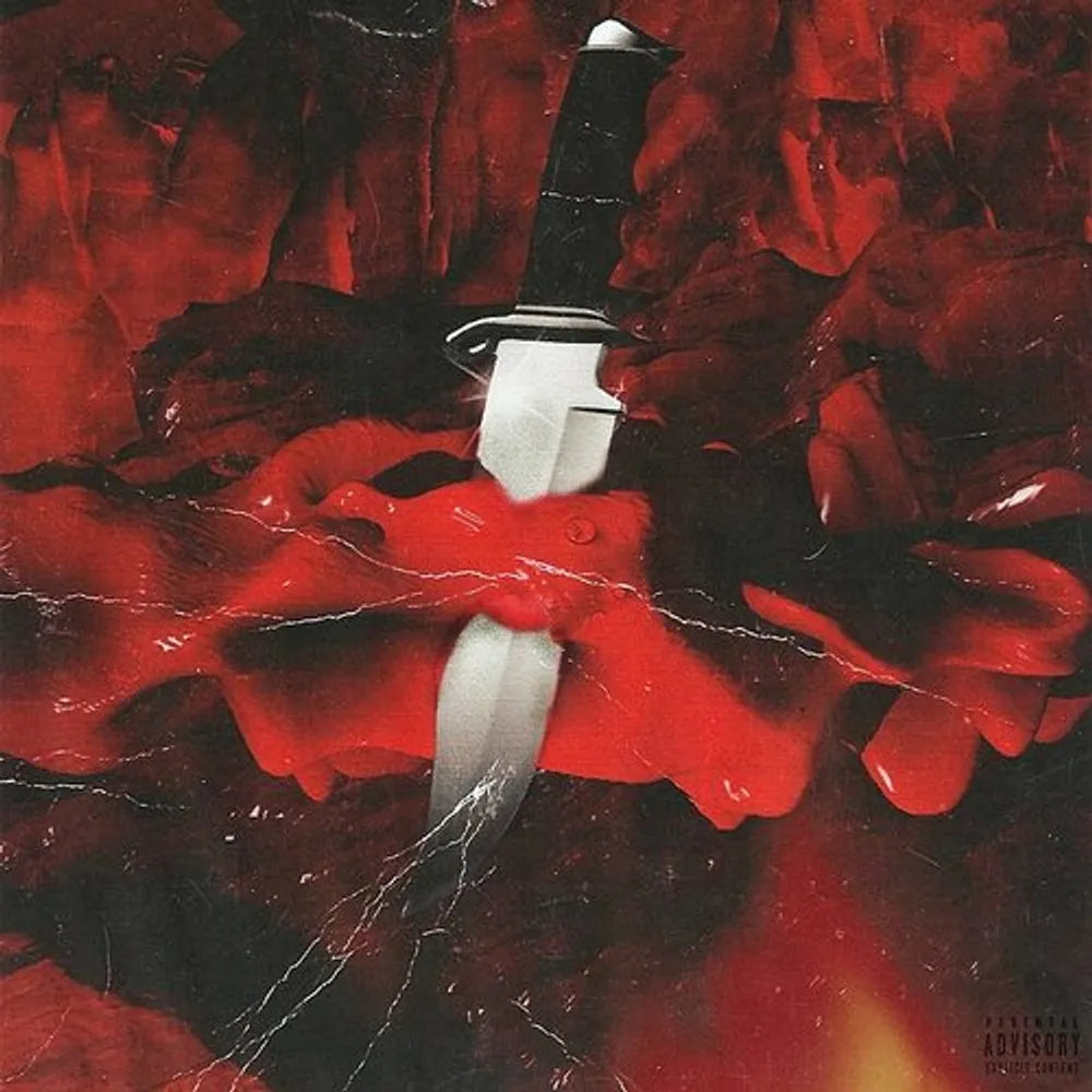 Album cover art for Kendrick Lamar's 'The King and the King's Man' featuring a silver knife piercing red lips against a dark red and black textured background, with a Parental Advisory label in the bottom right corner.