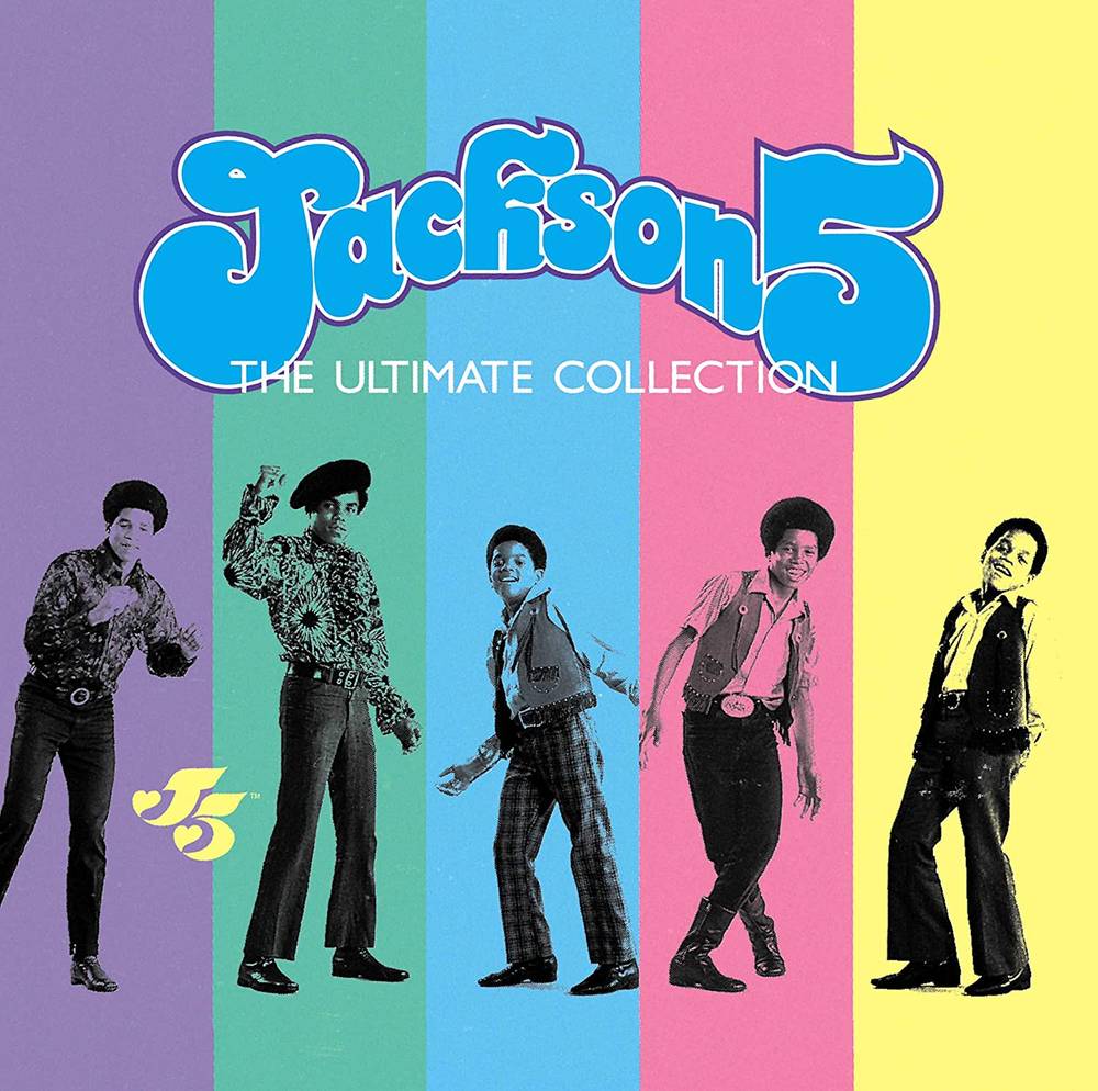 Jackson 5 'The Ultimate Collection' album cover art featuring the group members in black-and-white photos set against vertical stripes of purple, teal, blue, pink, and yellow, with large blue 'Jackson 5' lettering at the top.