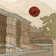 Embroidered scene of a building with a red sun and tree