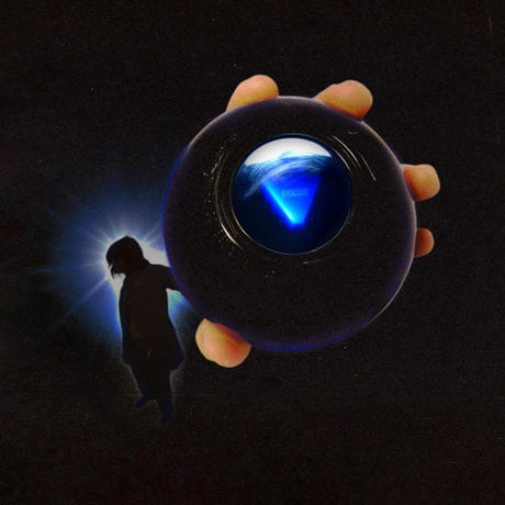 A hand holding a black spherical object with a glowing blue triangular symbol in the center, set against a dark background with a faint silhouette and light effect.