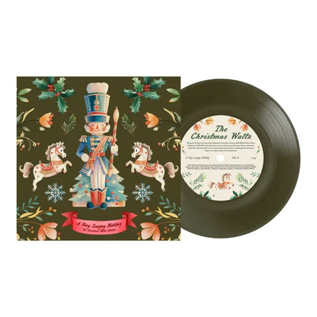A 7-inch vinyl record titled 'The Christmas Waltz' by Laufey, featuring a Christmas-themed cover with a snowman, trees, and decorations.