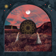 Two people in a desert landscape with a large geometric symbol and celestial elements.