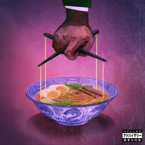 Bowl of ramen with a hand holding chopsticks against a purple background