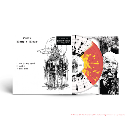 Vinyl record with artistic cover design featuring a castle and abstract elements on a white background.