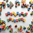 Colorful alphabet blocks spelling out 'ATMOSPHERE JESTURES' on a white background