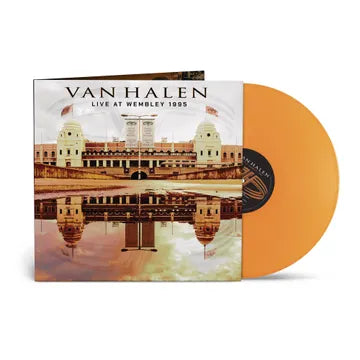 Van Halen vinyl record with orange disc and album cover featuring architectural design.