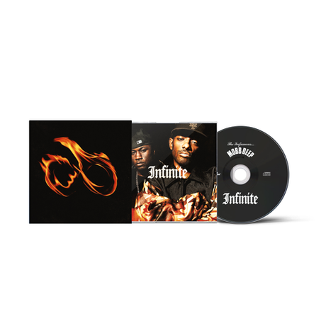 Music album cover with fiery design and a CD labeled 'Infinite'.