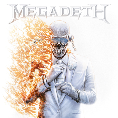 Album cover for Megadeth featuring a skeleton in a suit with flames and the band name.