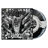 Vinyl record with cover featuring a black and white design of a person with tattoos and text.