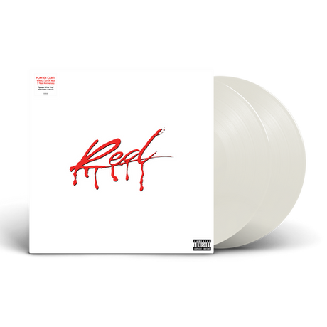Vinyl record with 'Red' album cover featuring red text on a white background
