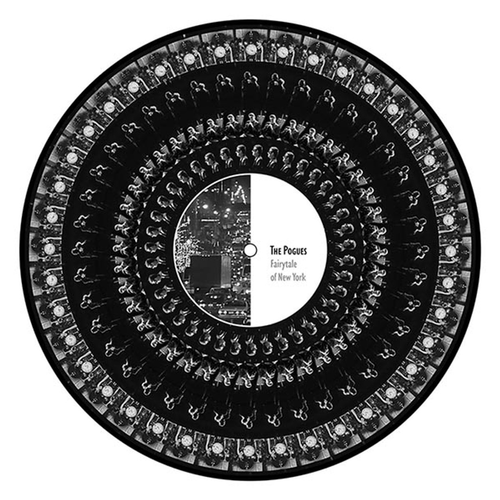 Vinyl record with a spiral design and text on a white background