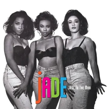 Album cover with three women and colorful text 'JADE' on a white background