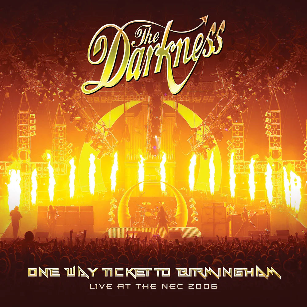 Album cover for 'The Darkness' with concert stage and crowd silhouette