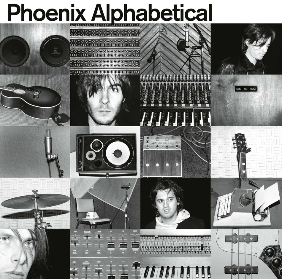 Collage of musical instruments, equipment, and people with 'Phoenix Alphabetical' text at the top.