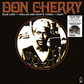 Album cover of Don Cherry's 'Blue Lake Dollar and Okay's Tunes East' with a portrait and text.