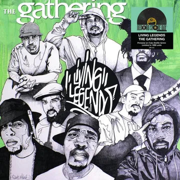 Album cover of 'The Gathering' featuring a collage of faces with a green background.