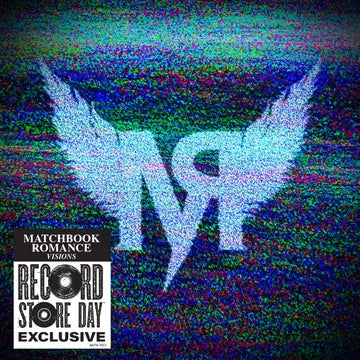 Album cover with wings and text on a digital noise background