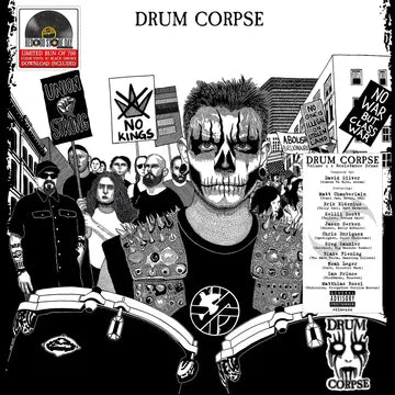 Album cover for 'Drum Corpse' with a central figure in a skull mask and text on a black and white background.