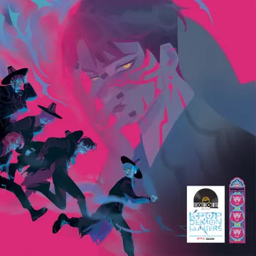 Album cover with a stylized wolf and people on a pink and purple background