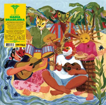Colorful album cover with people playing music and masks, featuring a snake and sun.