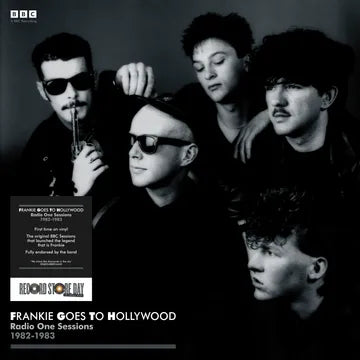 Black and white album cover of Frankie Goes to Hollywood with band members and promotional text.