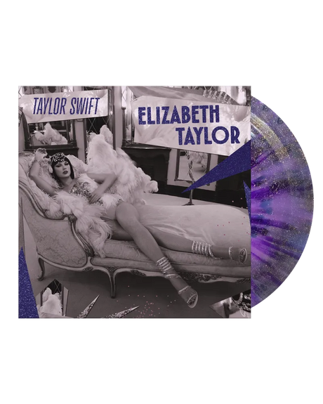 Vinyl record cover with black and white photo of a woman on a couch, text 'Taylor Swift' and 'Elizabeth Taylor', and purple and blue gradient border.