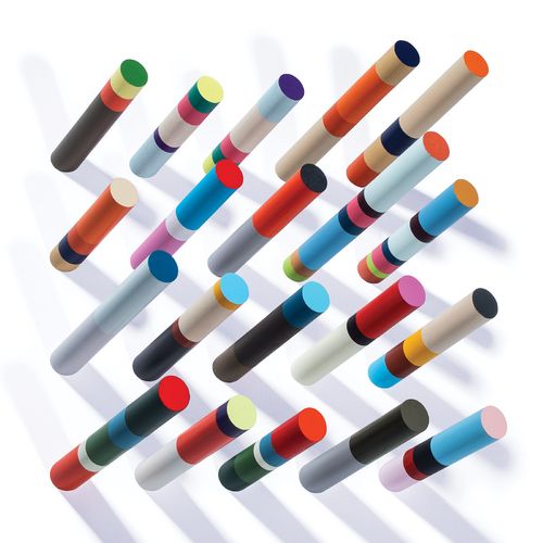 Colorful cylindrical objects arranged in a geometric pattern on a white background