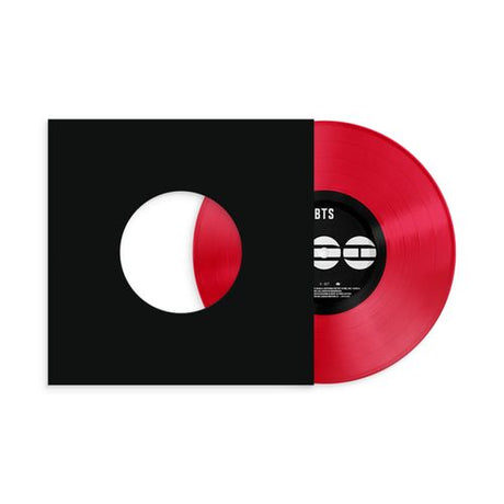 Vinyl record with a black and red design featuring the BTS logo on a white background