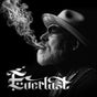Black and white portrait of a man in profile wearing a hat and glasses, exhaling smoke shaped like a skull, with the word 'Everlast' in stylized white lettering at the bottom.