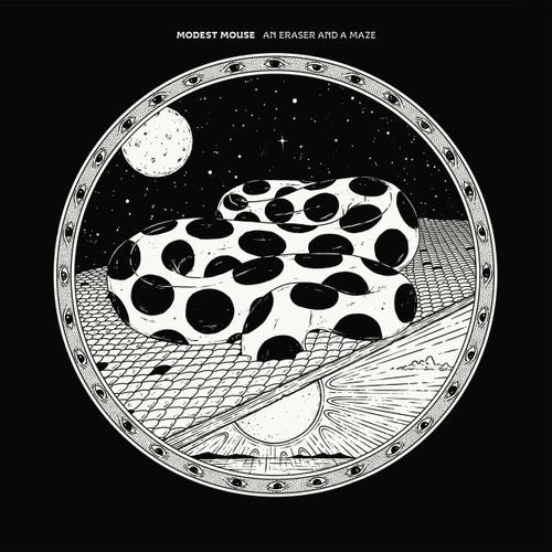 Album cover with a stylized snake, moon, and geometric design on a black background.
