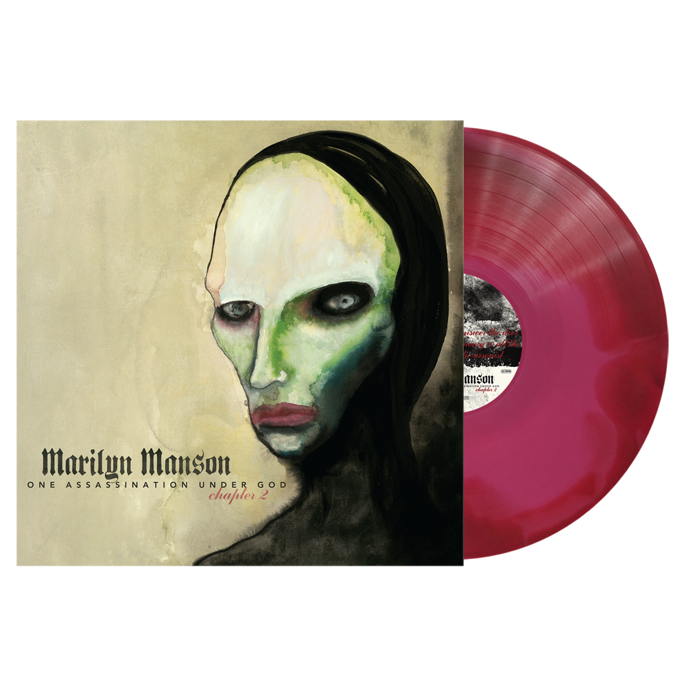 Marilyn Manson 'One Assassination Under God: Chapters 2' vinyl record album with the illustrated cover on the left and a translucent pink-red record partially visible on the right, shown on a plain white background.