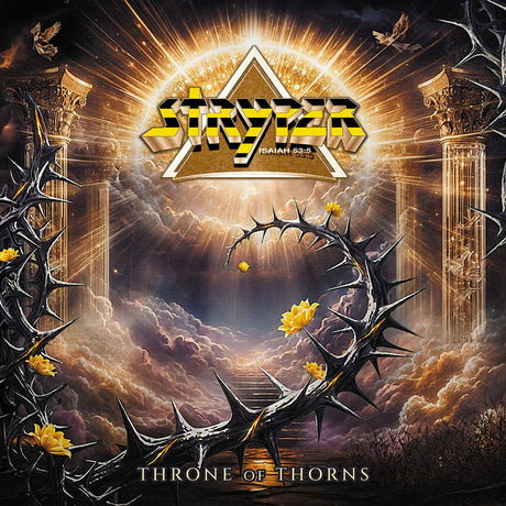Album cover for 'Throne of Thorns' by Stryper with thorns, flowers, and a dramatic sky.