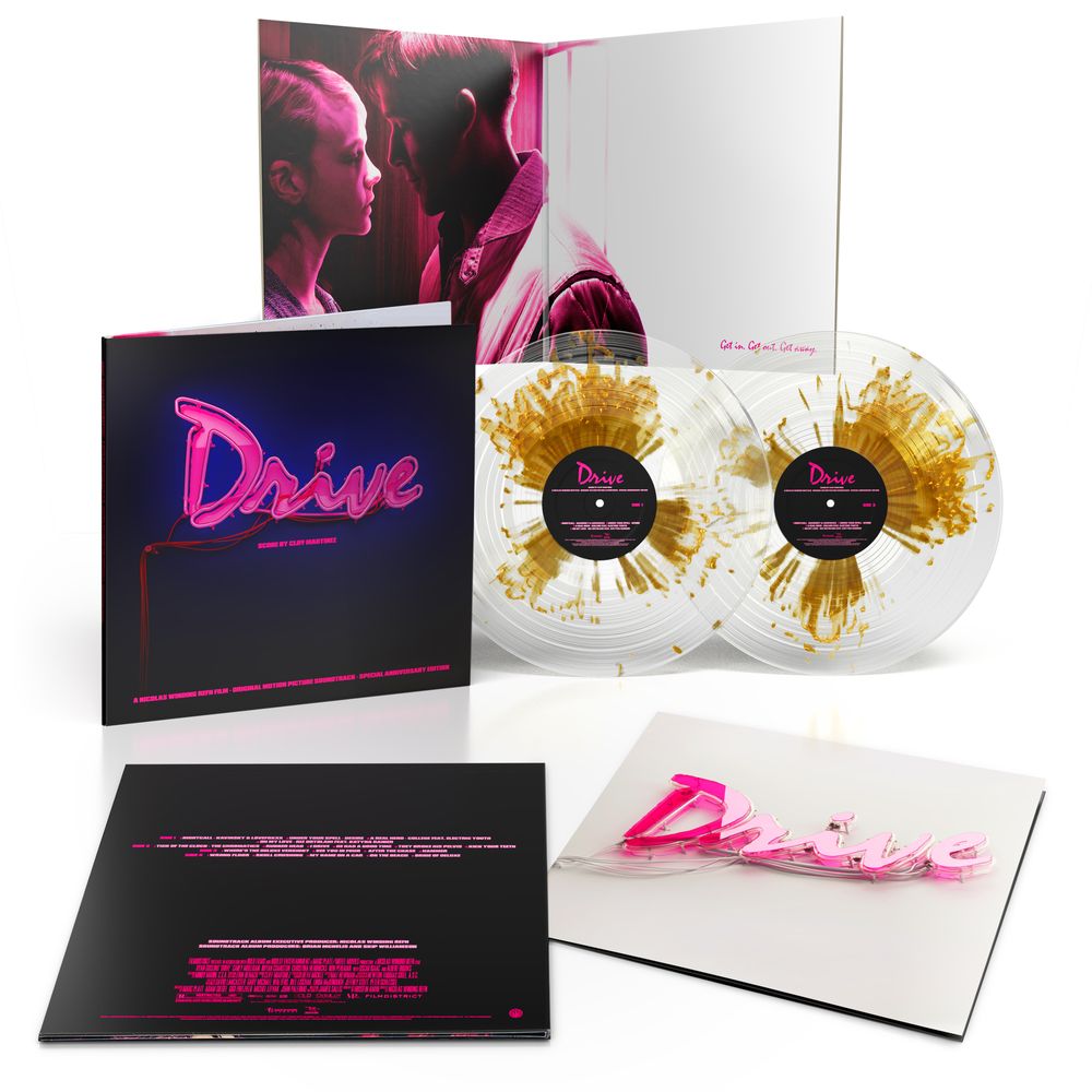 Vinyl record set with 'Drive' album cover and packaging on a white background