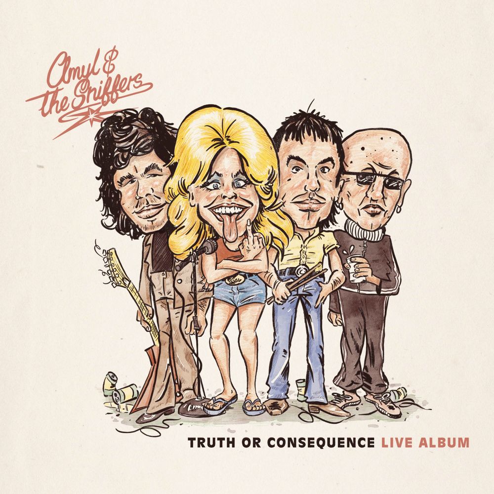 Album cover art for Amyl & the Griffers' 'Truth or Consequence Live Album' featuring a hand-drawn caricature illustration of the band members on a warm cream background.