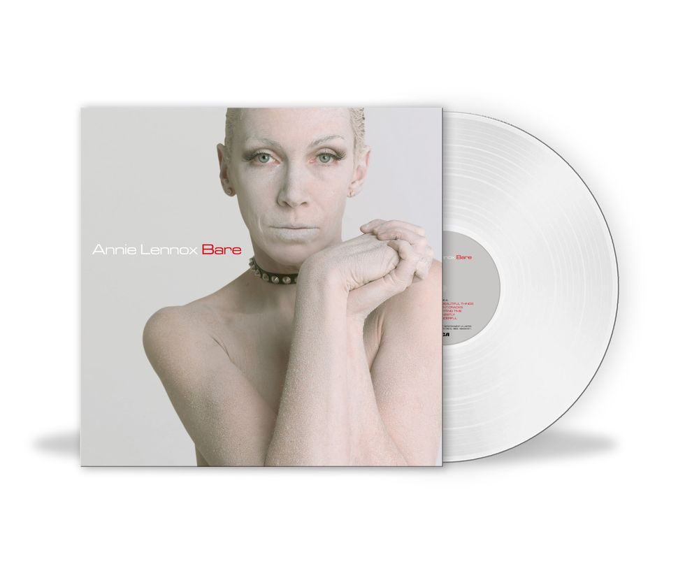 Annie Lennox 'Bare' vinyl record album with its sleeve and a translucent white record partially visible, shown on a clean white background.