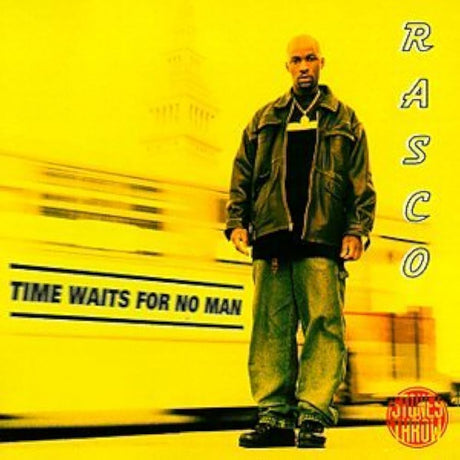 Album cover with a person standing against a yellow background, featuring text and a brand logo.