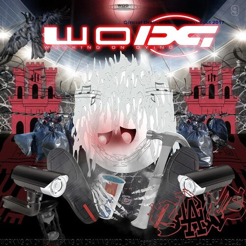 Album cover for 'Working On Dying LP' featuring a stylized illustration with a character and a cityscape in the background, with text and a transparent vinyl record visible in the foreground.