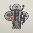 Album cover art featuring a collage of images including a man holding a Bible and a gun, and two women in different seated and standing poses, all in a vibrant, multicolored illustration.