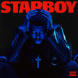 The Weeknd album 'Starboy' cover art featuring the artist with a blue hue, hands covering his face, and a cross around his neck against a black background.