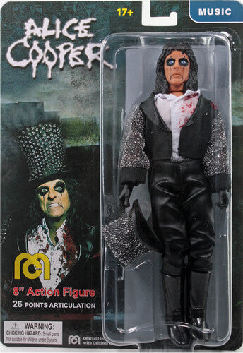Action figure of Alice Cooper in packaging with character illustration on the left.