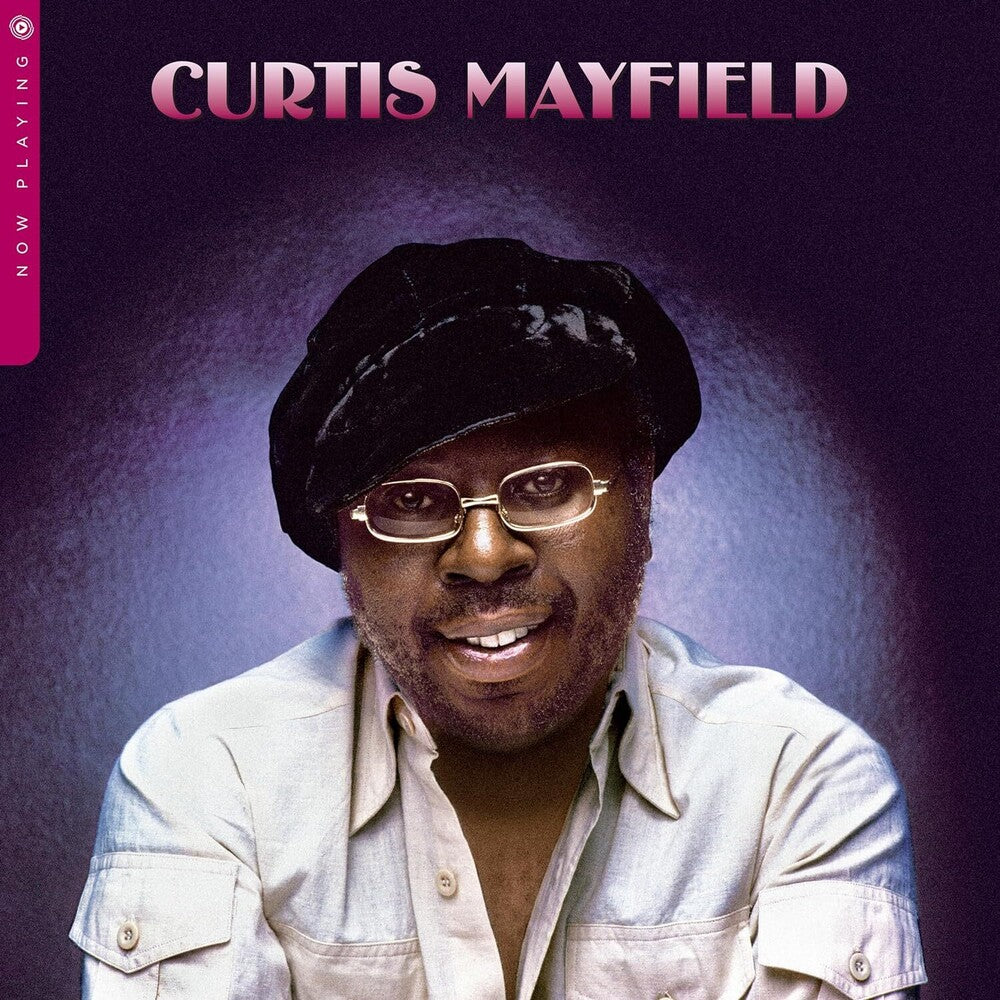 Album cover with a portrait of a person wearing glasses and a cap, with 'Curtis Mayfield' text at the top.