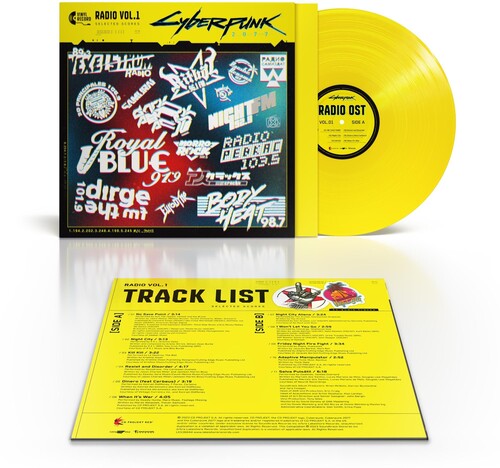 Limited yellow colored vinyl LP of Cyberpunk 2077 Radio 1 with a tracklist on the cover.