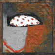 Abstract painting with a white shape with red dots on a textured background