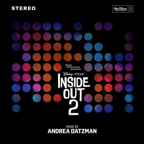 Album cover for 'Inside Out 2' soundtrack with colorful dot pattern on black background