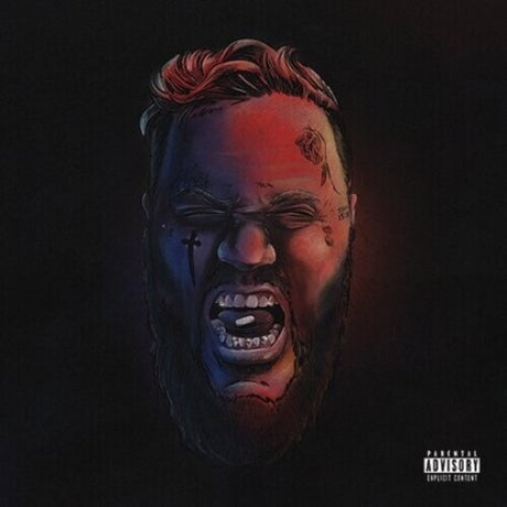 Album cover with a stylized face on a dark background