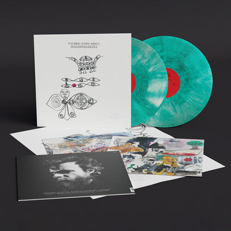 A vinyl record titled 'Father John Misty - Mahashmashana LP' with a blue mashup cover, along with a black vinyl record, a CD, and a booklet with artwork and lyrics.