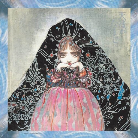 Artistic depiction of a figure with a black hood and colorful dress on a textured background