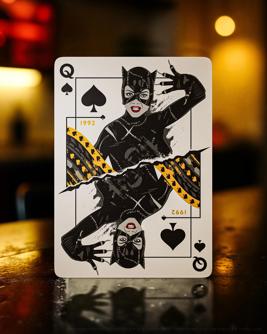 Playing card featuring a stylized illustration of a character with a blurred background
