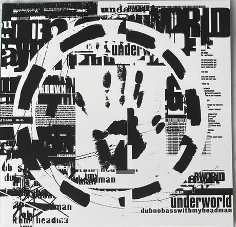 Album cover with black and white abstract design and text, featuring the band 'Underworld'.